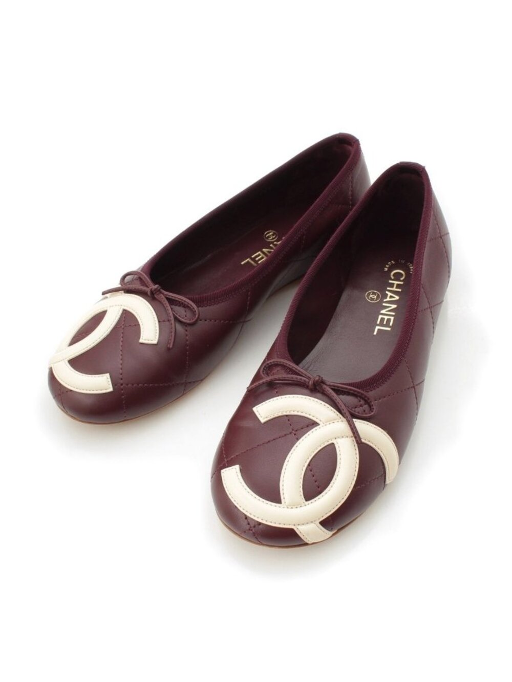 Chanel Coco Beach Lambskin CC Logo Ballerina Flat Pumps Burgundy Ivory